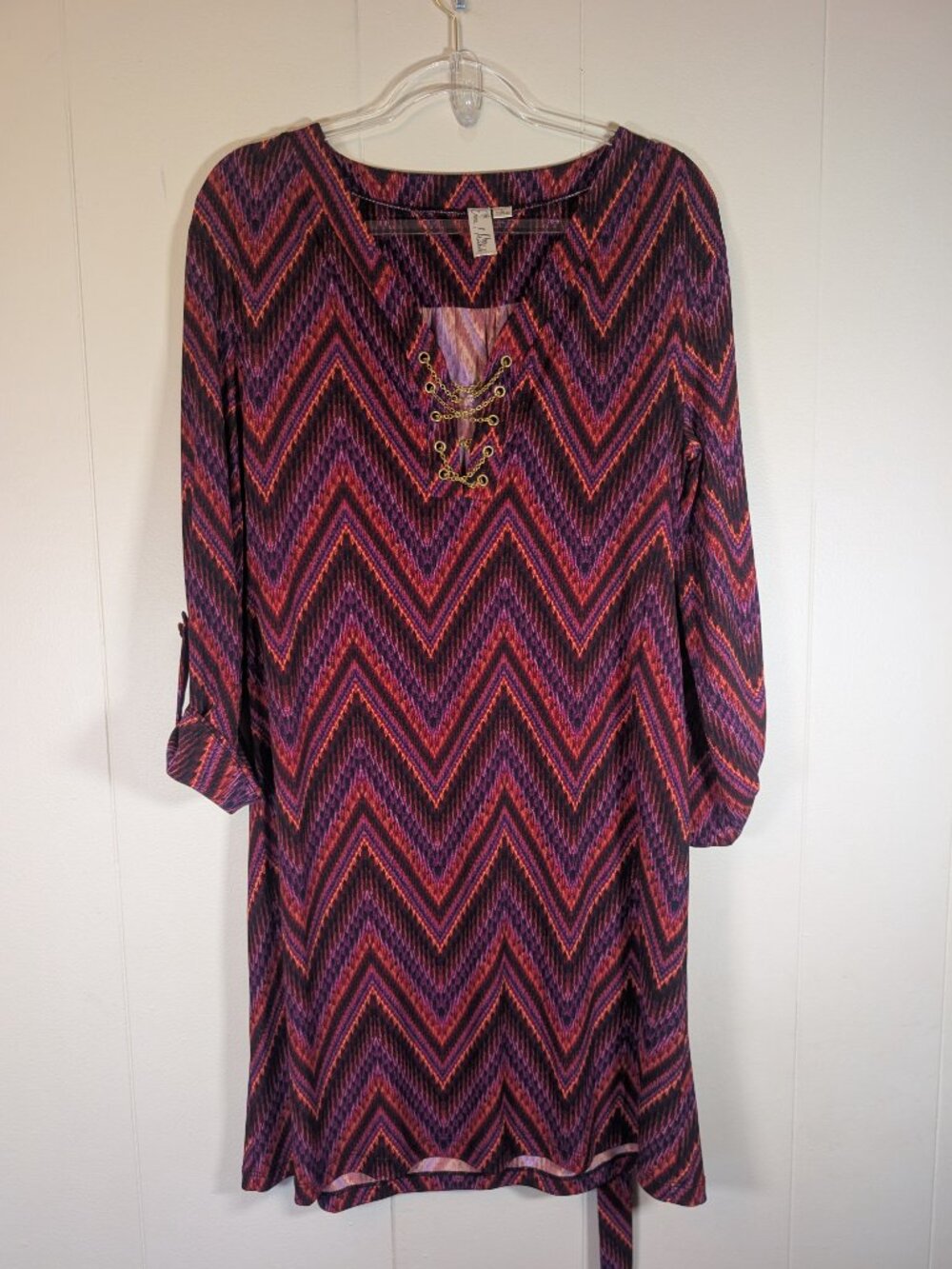 BOHO Emma & Michele Chevron Shift Dress L Purple Orange Chain Lace Up 3/4 Sleeve